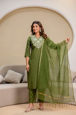 Olive Grace Hand-Embroidered Cotton Suit Set By IndoLady