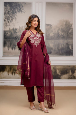 Wine Charm Straight Cotton Embroidery Suit Set By Indolady