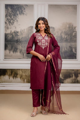 Wine Charm Straight Cotton Embroidery Suit Set By Indolady