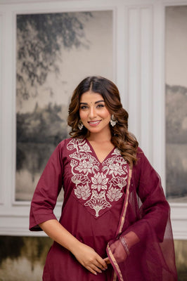 Wine Charm Straight Cotton Embroidery Suit Set By Indolady