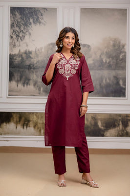 Wine Charm Straight Cotton Embroidery Suit Set By Indolady