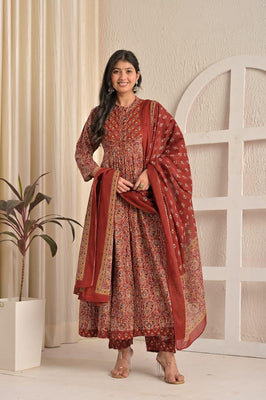 IndoLady Maroon Heritage Bloom Shrug Style Flared Cotton Suit Set