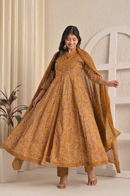 IndoLady Mustard Sunlit Paisley Shrug Style Flared Cotton Suit Set