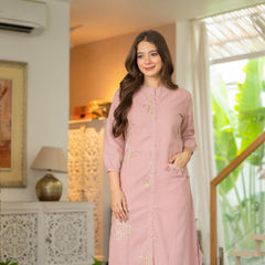 Soft Blush Cotton Slub Co-ord Set with Elegant Embroidery