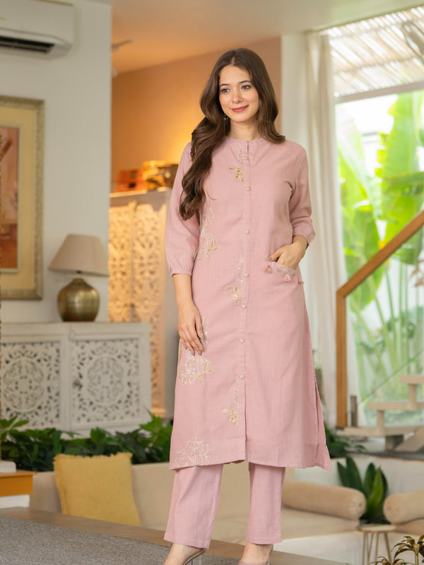 Soft Blush Cotton Slub Co-ord Set with Elegant Embroidery