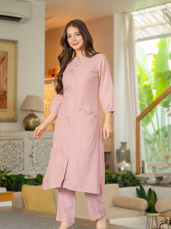 Soft Blush Cotton Slub Co-ord Set with Elegant Embroidery