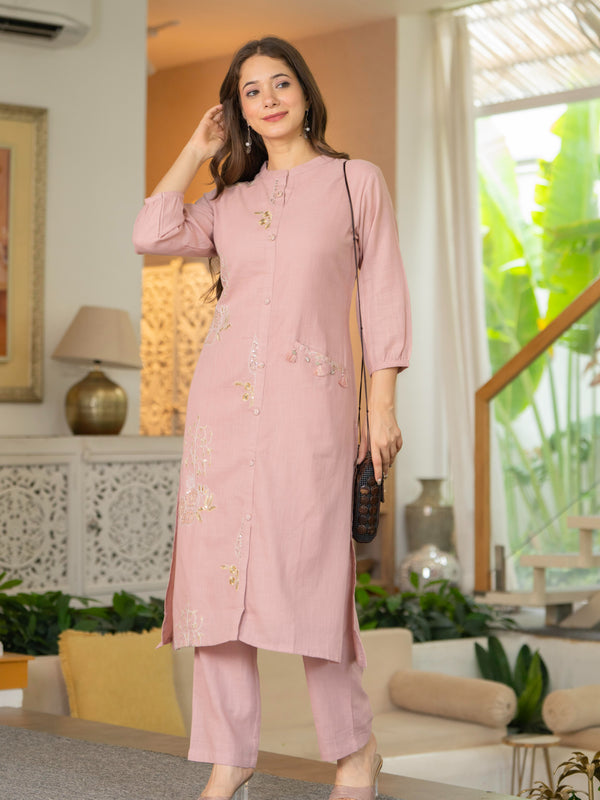 Soft Blush Cotton Slub Co-ord Set with Elegant Embroidery