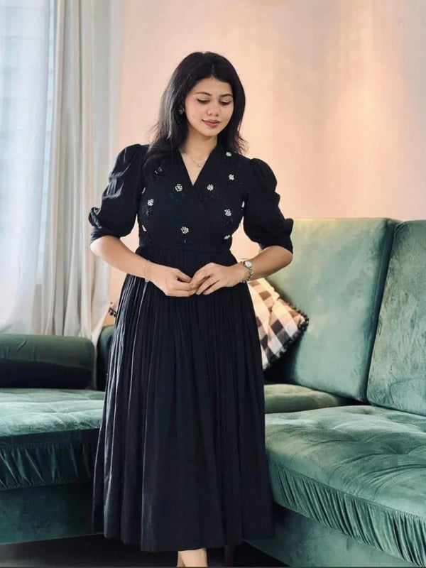 Midnight Black Handwork Midi | Soft Rayon Fabric