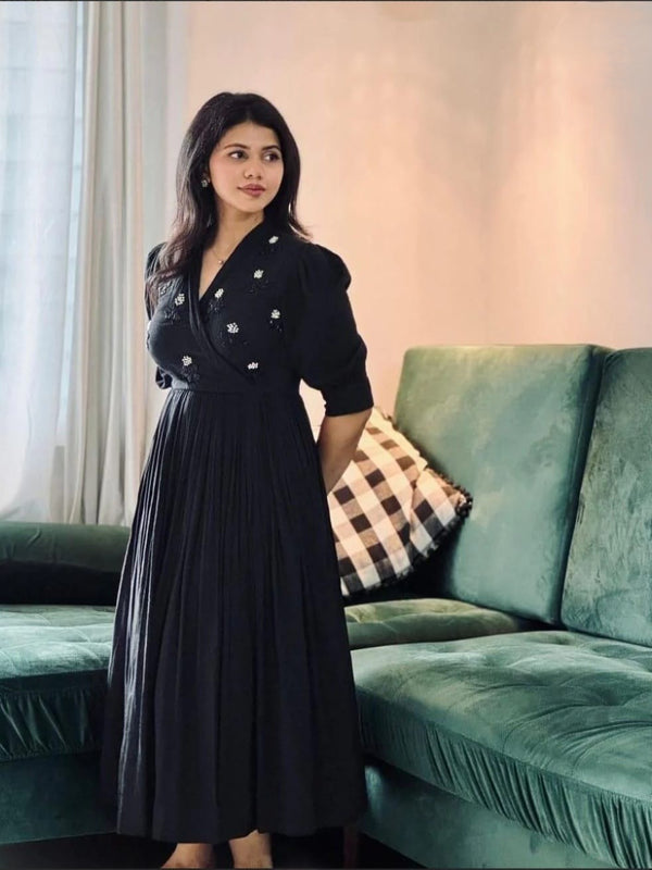 Midnight Black Handwork Midi | Soft Rayon Fabric