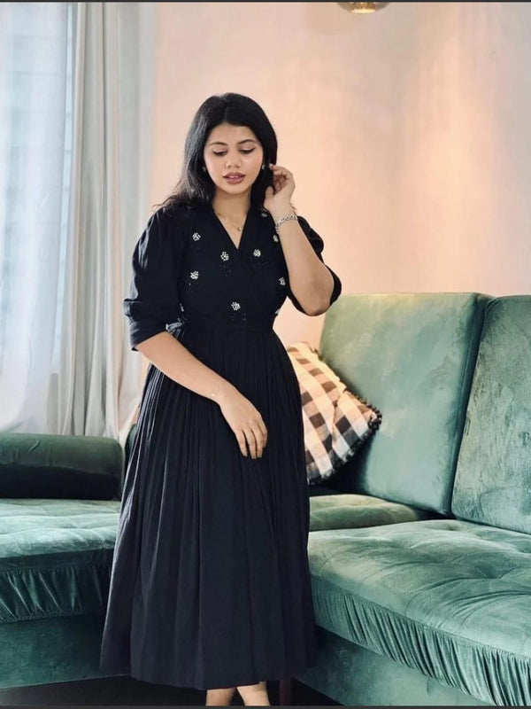 Midnight Black Handwork Midi | Soft Rayon Fabric