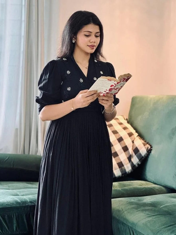 Midnight Black Handwork Midi | Soft Rayon Fabric