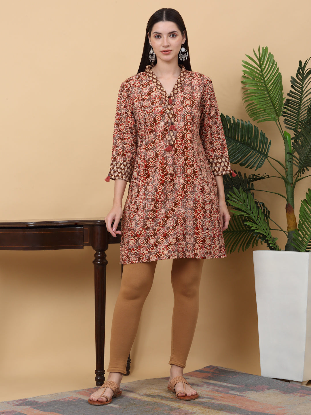 Printed Cotton Kantha Work Tunic – Brown |  Stylish Everyday Kurti