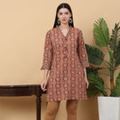 Printed Cotton Kantha Work Tunic – Brown |  Stylish Everyday Kurti