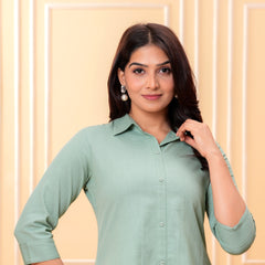 Green Cotton Flex High-Low Casual Button-Down Top