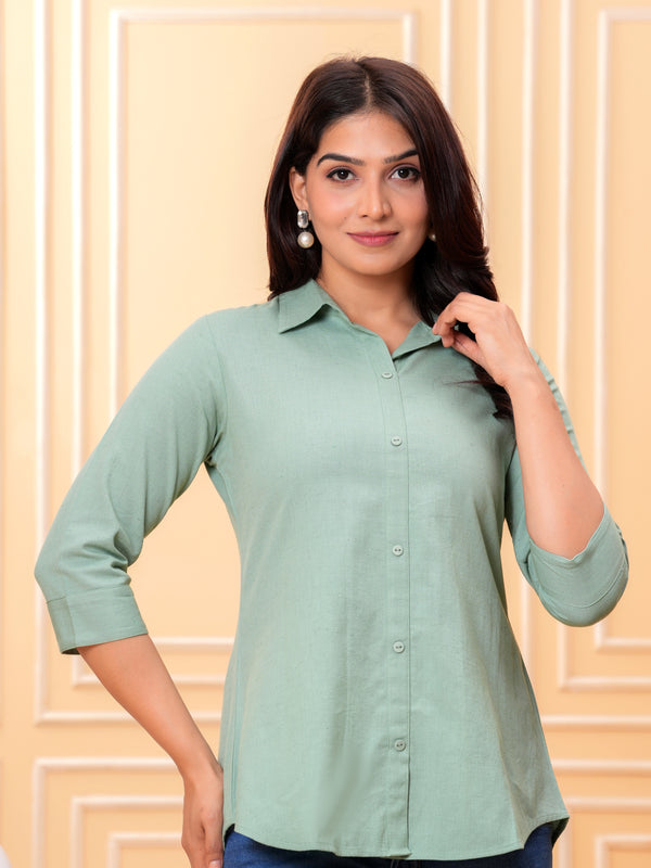 Green Cotton Flex High-Low Casual Button-Down Top