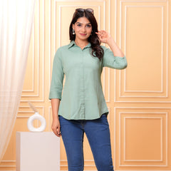 Green Cotton Flex High-Low Casual Button-Down Top