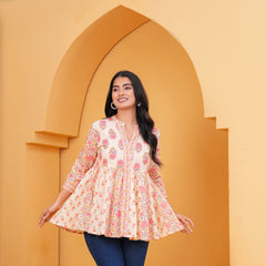 Gulistaan Handblock Floral Flared Cotton Top – Peach Petals