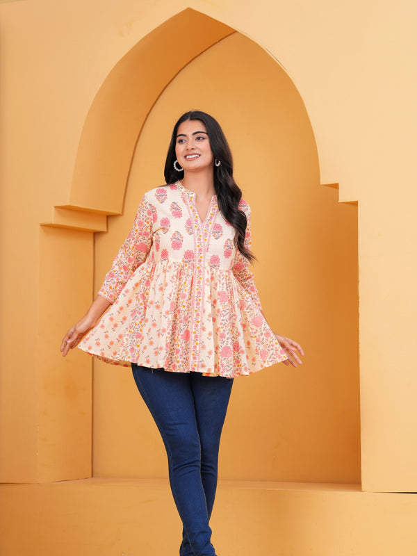 Gulistaan Handblock Floral Flared Cotton Top – Peach Petals