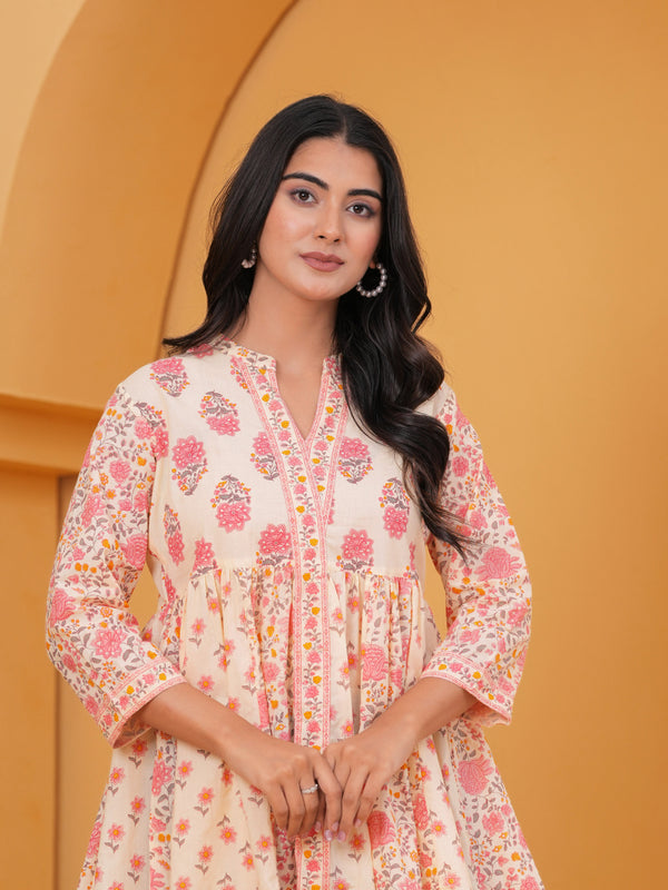 Gulistaan Handblock Floral Flared Cotton Top – Peach Petals