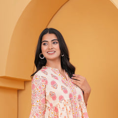Gulistaan Handblock Floral Flared Cotton Top – Peach Petals