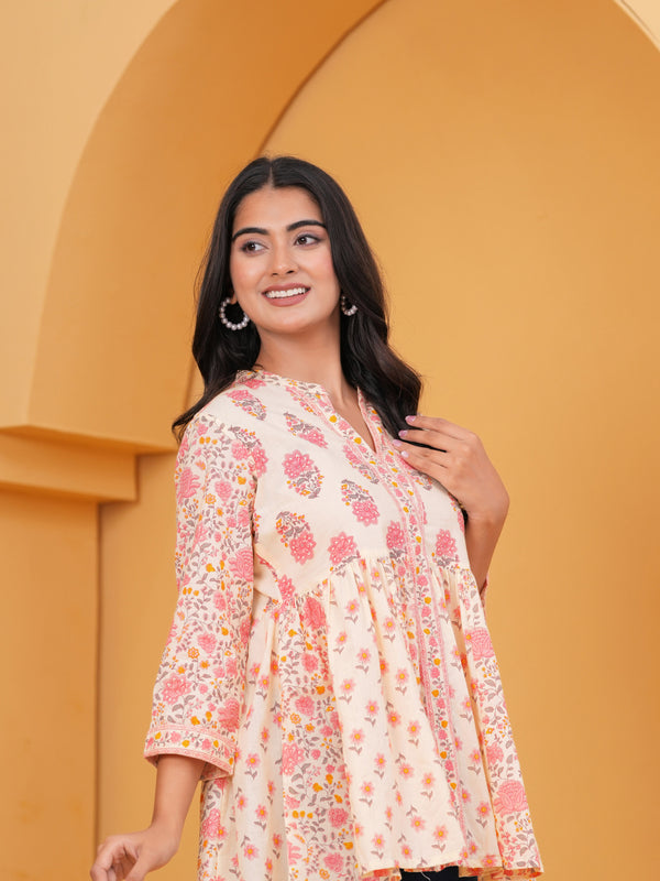 Gulistaan Handblock Floral Flared Cotton Top – Peach Petals
