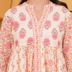 Gulistaan Handblock Floral Flared Cotton Top – Peach Petals