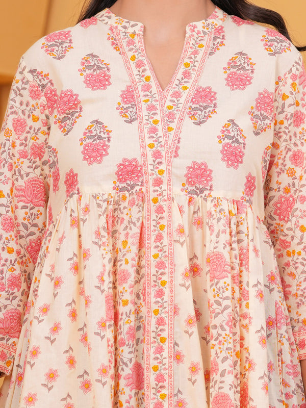 Gulistaan Handblock Floral Flared Cotton Top – Peach Petals