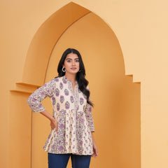 Gulistaan Handblock Floral Flared Cotton Top – Purple Bloom