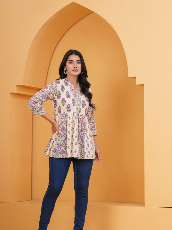 Gulistaan Handblock Floral Flared Cotton Top – Purple Bloom