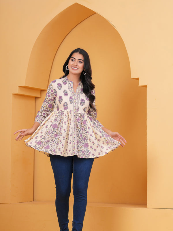 Gulistaan Handblock Floral Flared Cotton Top – Purple Bloom