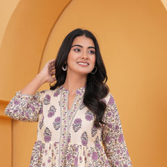 Gulistaan Handblock Floral Flared Cotton Top – Purple Bloom