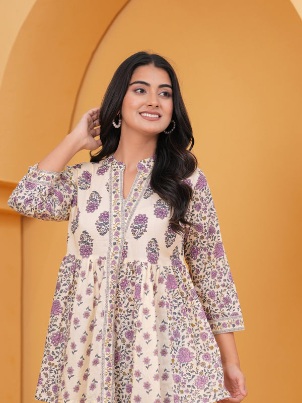 Gulistaan Handblock Floral Flared Cotton Top – Purple Bloom