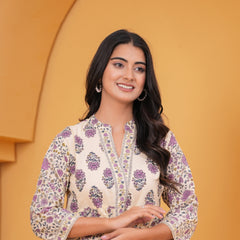 Gulistaan Handblock Floral Flared Cotton Top – Purple Bloom