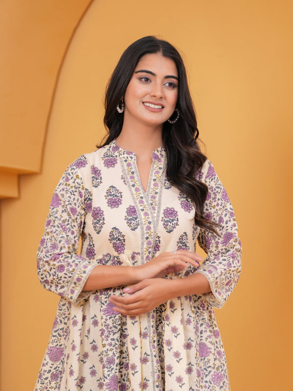 Gulistaan Handblock Floral Flared Cotton Top – Purple Bloom