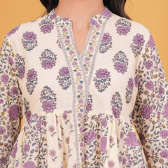 Gulistaan Handblock Floral Flared Cotton Top – Purple Bloom