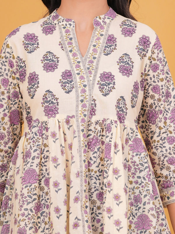 Gulistaan Handblock Floral Flared Cotton Top – Purple Bloom
