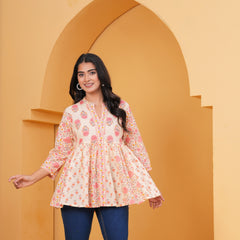 Gulistaan Handblock Floral Flared Cotton Top – Peach Petals
