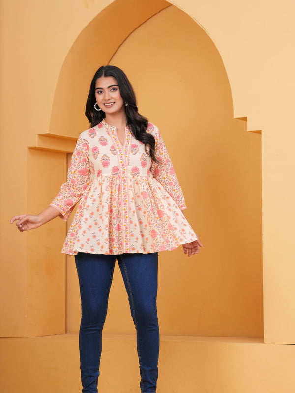 Gulistaan Handblock Floral Flared Cotton Top – Peach Petals