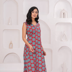 Ruby Red Printed Cotton Sleeveless A-Line Kurta