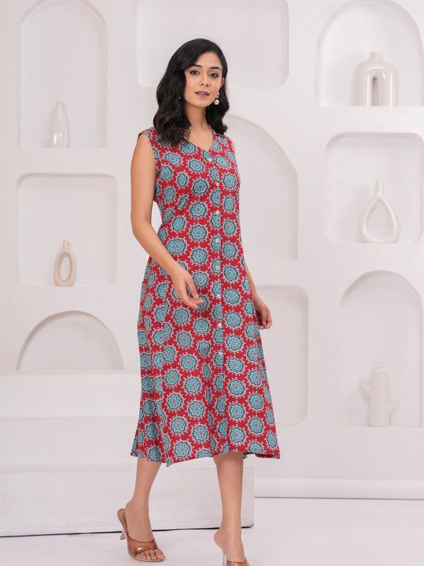 Ruby Red Printed Cotton Sleeveless A-Line Kurta