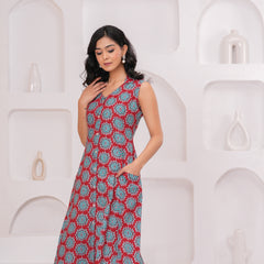Ruby Red Printed Cotton Sleeveless A-Line Kurta