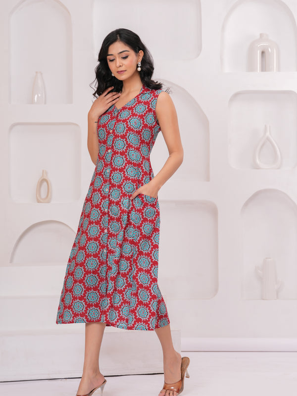 Ruby Red Printed Cotton Sleeveless A-Line Kurta