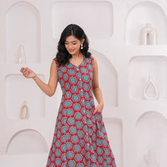 Ruby Red Printed Cotton Sleeveless A-Line Kurta
