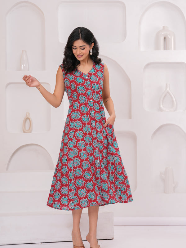 Ruby Red Printed Cotton Sleeveless A-Line Kurta