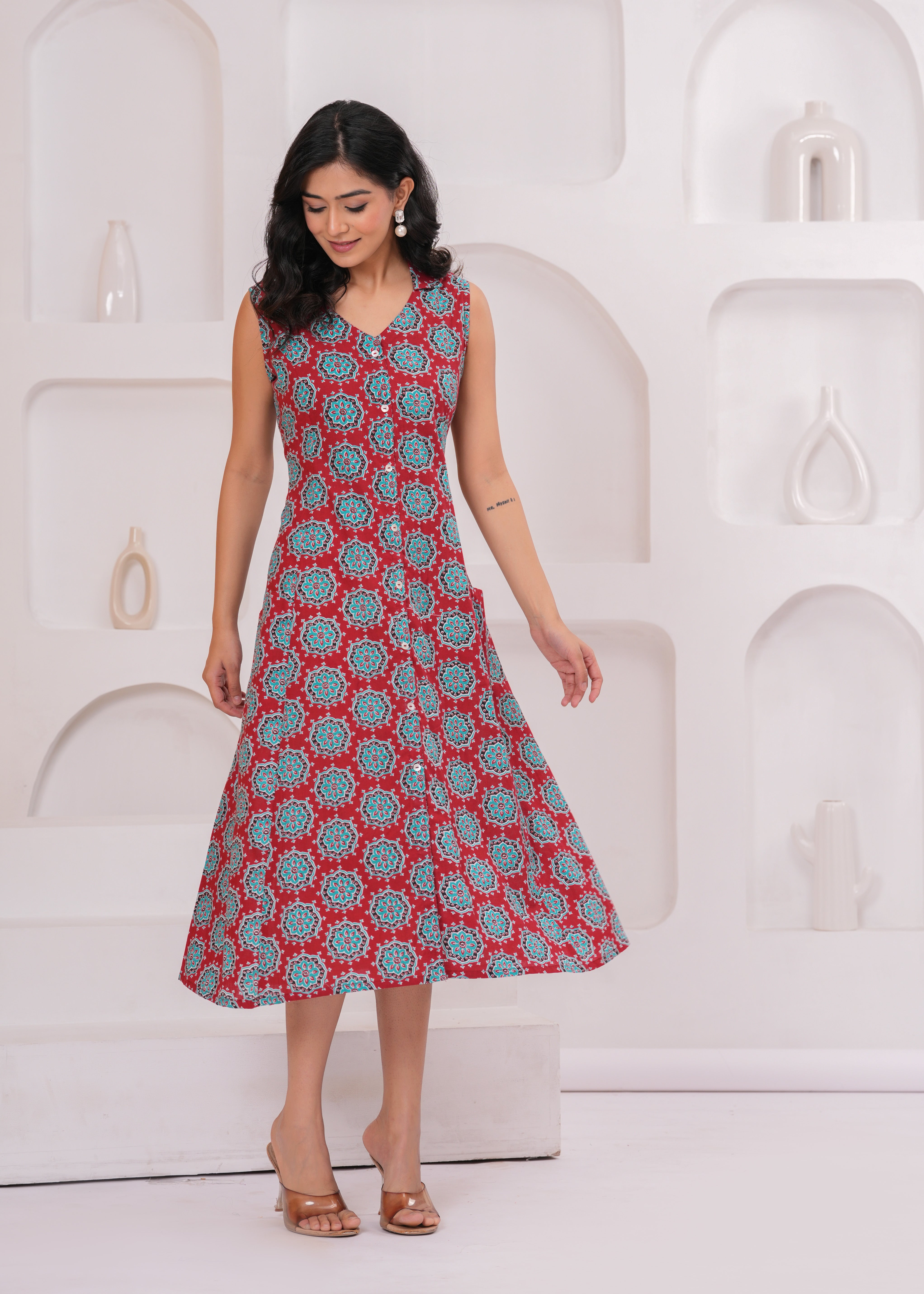 Ruby Red Printed Cotton Sleeveless A-Line Kurta