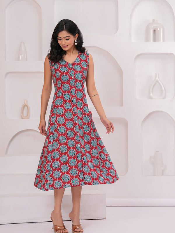 Ruby Red Printed Cotton Sleeveless A-Line Kurta
