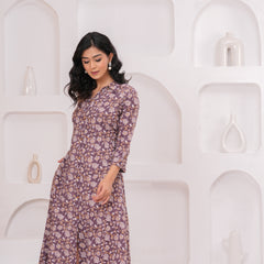 Royal Purple Cotton Kantha Printed A-Line Kurta – Chic Collared Midi