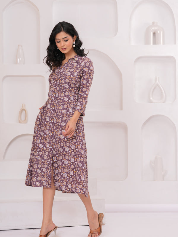 Royal Purple Cotton Kantha Printed A-Line Kurta – Chic Collared Midi