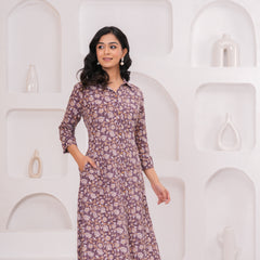 Royal Purple Cotton Kantha Printed A-Line Kurta – Chic Collared Midi