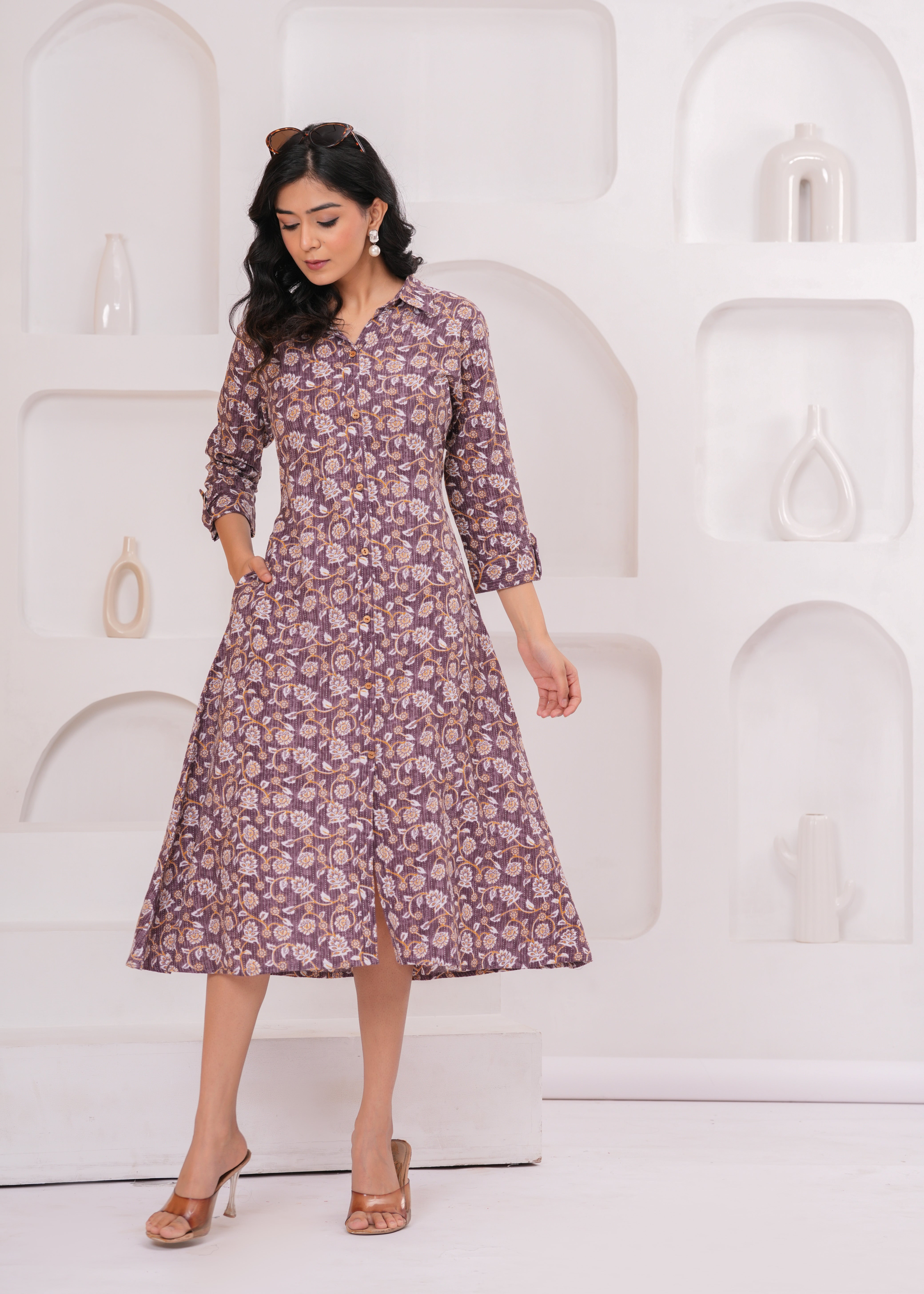 Royal Purple Cotton Kantha Printed A-Line Kurta – Chic Collared Midi